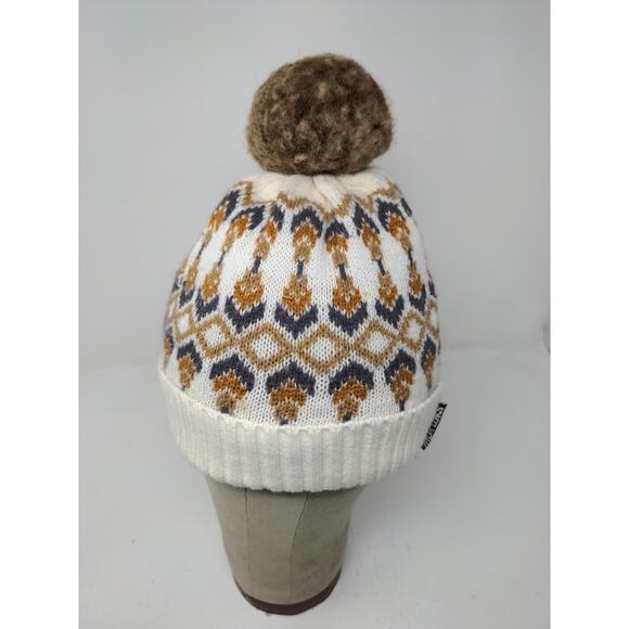Muk Luks Beanie Winter Hat Pom Pom White Brown Acrylic Wool Blend - Picture 3 of 10